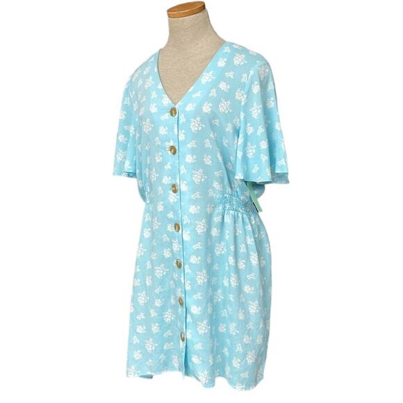Abound Dress Womens Large Blue Floral NWT Short Sleeve Buttons A-Line - Picture 2 of 16